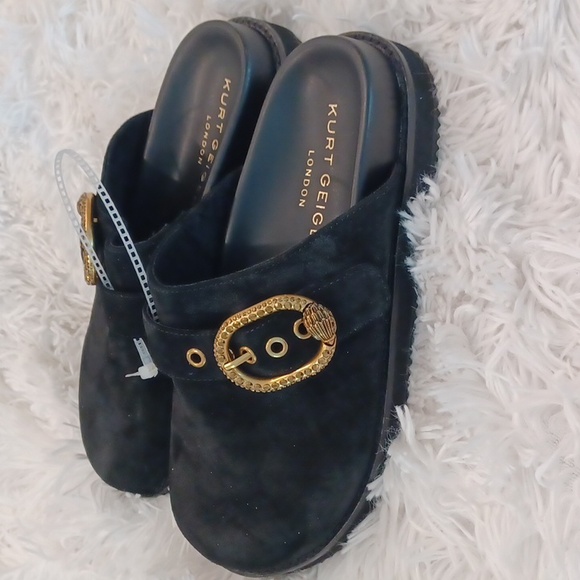 Kurt Geiger London Mayfair Crystal Embellished Eagle Head Buckle Mules Black - Picture 3 of 11